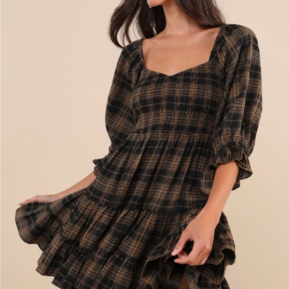 Lulus Dresses & Skirts - Lulu's Black and Brown Plaid Long Sleeve Dress